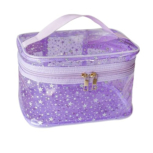 Star Print PVC Makeup Bag with Handle - 8.66 * 5.51 * 5.51 inch,Clear Storage Bag Toiletry Pocket Portable Zippered Pouch Waterproof Cosmetic Organizer Bags for Women (Purple-L)