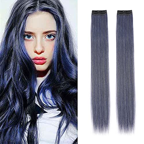 24'(60cm) SEGO 2PCS Extensiones de Colores 2 Clips Pelo Sintético Se Ve Natural [Azul Cobalto] Mechas Fantasía Cabello de para Mujer Postizos Accesorios Lisos (68g)