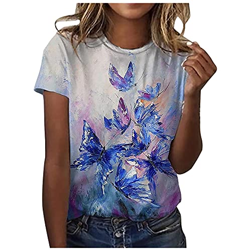 KBOPLEMQ Camiseta de verano para mujer, camiseta de manga corta con cuello en O, cuello redondo, camiseta de flores, túnica de gran tamaño, C azul., L