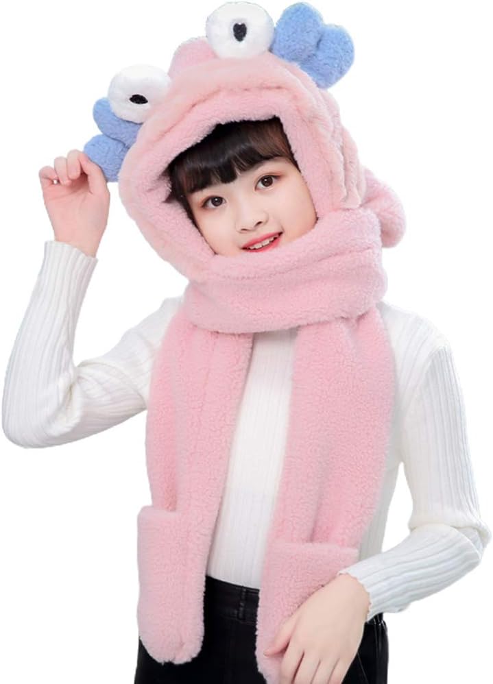 Scarf,Kids Winter Warm 3 In 1 Faux Fleece Hooded Scarf Hat Gloves Set Cute 3D Crab Thermal Cap Neck Warmer Scarf