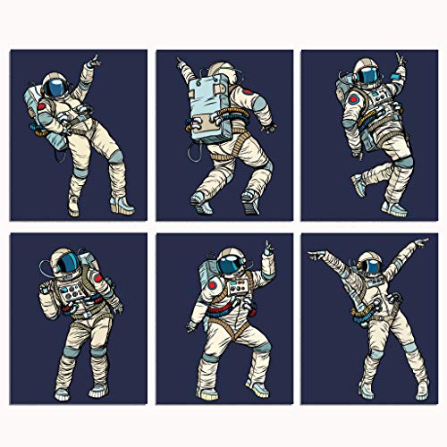 Dancing Astronauts Space Wall Prints - 6 Unframed 8x10 Artwork For Children's Room Playroom Boy Girl Nursery Office | Fun Funky Outer Space Men & Women | Music Dance Prints Posters for Bedroom Decor