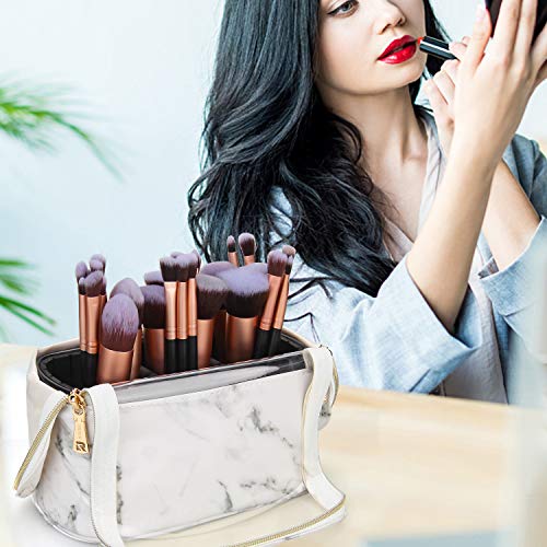 Makeup Brush Case Stand-up Makeup Cup Makeup Brush Holder Travel Professional Cosmetic Bag Artist Storage Bag with Shoulder Strap and Adjustable Divider (Marble)