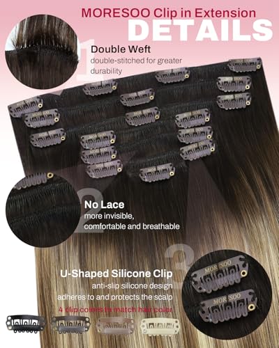 Image of Moresoo Clip in Hair Extensions Balayage Remy Straight Human Hair Extensions Clip in Ombre Dark Brown Mixed Medium Brown with Blonde Full Head 7 Pieces 120G 18 Inch