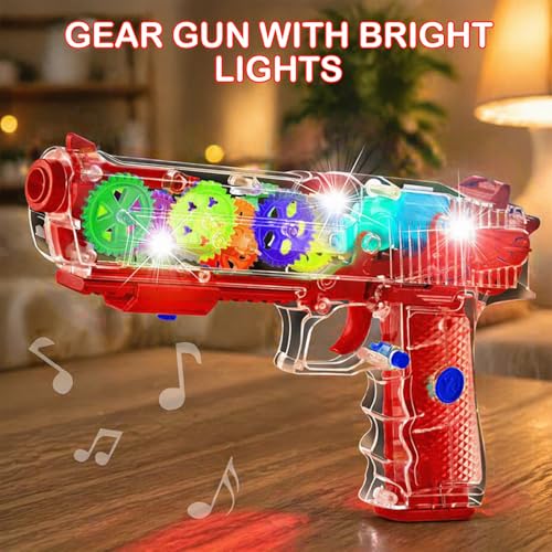 Image of WISHKEY Plastic Gear Simulation Toy Gun for Kids, Pretend Play Gun Toys with Flashing Lights and Exciting Music, Electric Laser Toy Guns with Rotating Gear Mechanism, Red, 3+ Years (Pack of 1)