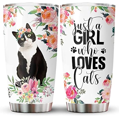 34HD Cat Gifts for Women, Cat Tumbler with Lid 20 oz Stainless Steel, Just A Girl Who Loves Cat Coffee Mug, Cat Flowers Drinking Cup, Cat Christmas Gifts for Cat Lovers Cover