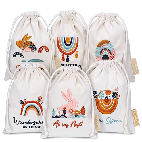 Papierdrachen 6 Leinensäckchen mit Bestickung - Osterverpackung Geschenkverpackung Tischdeko - Stoffsäckchen zu Ostern - Boho - 13x18 cm - Set 2