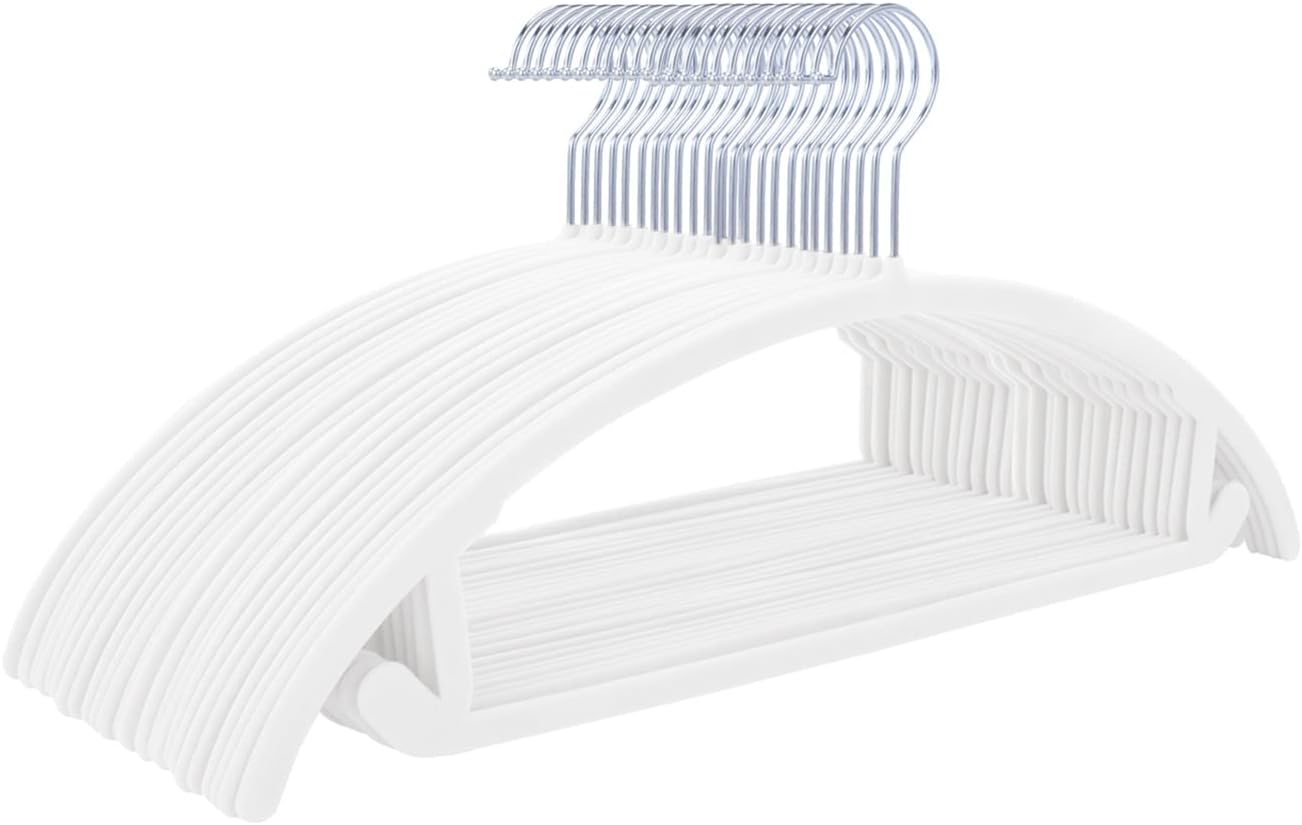 MIZGI Premium Velvet Hangers 30 Pack White Heavyduty- Non Slip No Shoulder Bump Suit Hangers - Chrome Hooks,Space Saving Clothes Hangers,Rounded Hangers for Coat,Sweater,Jackets,Pants,Shirts