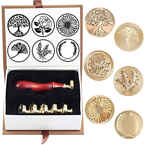 Wax Seal Stamp Set, 6 Pcs Plant Pattern Copper Seal Wax Stamp with Wooden Handle for Wedding Invitation Graduation Letter Envelope Decoration(Rose+Rosemary+Ginkgo Biloba+Chamomile+Olive Branch+Tree)