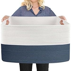 Extra Large Rope Basket, 23.6″ x 15.7″ x 14.1″ Woven Stuffed Animals Storage Bin, Kids Dog Stuff Toy Box Organizer, Living Room Nursery Organization, Big Basket Container for Blankets Clothes