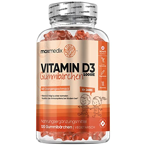 Vitamin D3 Kinder 1000 IE - 120 Sternförmige Vegetarische Gummibärchen - 4 Monate Vorrat - Mit leckerem Orangengeschmack - Kindervitamin ab 4 Jahren - Ohne Gentechnik - Gummis zum Lutschen - maxmedix Cover
