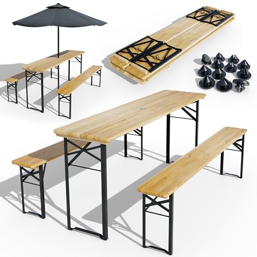 Onbest Bierzeltgarnitur für 8 Personen – 3 teilig – Modernes schwarzes Gestell – Tisch & 2 Bänke im Set – Biertischgarnitur mit Bodenschoner – klappbar – Holz lackiert – 177 x 46 x 75 cm