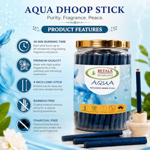 Image of Betala Fragrance Aqua Dhoop Sticks 200g | Dhup Batti | Dhoop Batti | Agarbatti Without Bamboo | Charcoal Free Incense Sticks | Fresh Aqua Fragrance | Approx. 70 Sticks