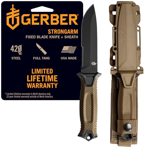 Image of Gerber Gear StrongArm - Fixed-Blade Camping & Hunting Knife with Striking Pommel & Sheath - Premium Survival Gear - Made in USA - Coyote Brown, Serrated Edge