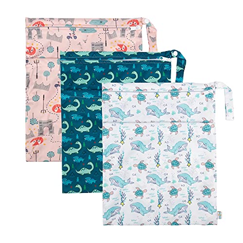 Image of babygoal Wet Dry Bags 3 Pack for Baby Cloth Diapers, Washable Travel Bags, Beach, Pool, Gym Bag for Swimsuits & Wet Clothes with Two Zippered Pockets 3LN17