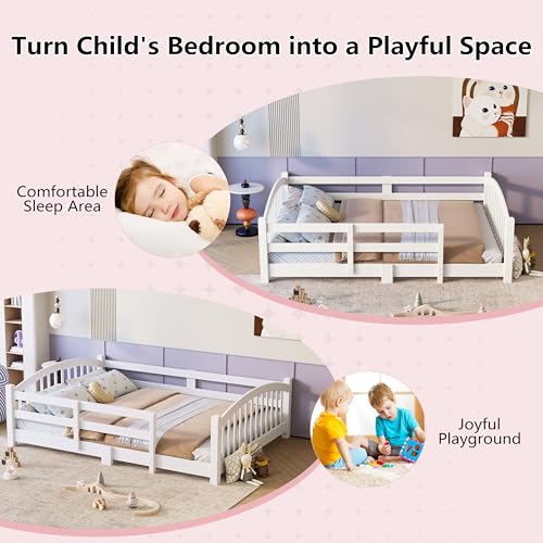 Image of Bellemave Full Size Kids Montessori Floor Bed,Full Size Floor Bed Frame with Slats and Safety Guardrail,Solid Wood Montessori Bed for Girls Boys,White