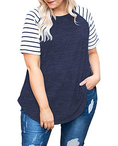Plus Size Womens Tops Short Sleeve Summer Tees Shirts Loose Tunic Navy Blue-24W
