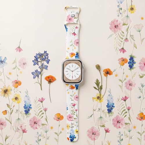 Image of Floral Band Compatible with Apple Watch Bands for Women 40mm 42mm 41mm 38mm 44mm 45mm 46mm 49mm, Cute Pattern Flower Soft Silicone Sport Strap for iWatch Series Ultra 11 10 SE 9 8 7 6 5 4 3 2