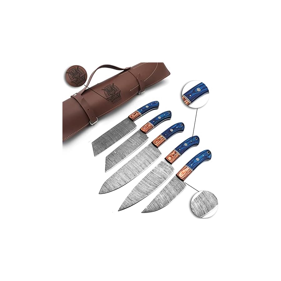 SHINY-CRAFTS-Handmade-Damascus-Kitchen-Knife-Set-with-wood-handle-and-Damascus-Steel-Blade-Chefs-Knives-set-with-Leather-Pouch-Roll-and-High-Tempered-Razor-Sharp-Blade-CS-18 SHINY CRAFTS | Handmade Damascus Kitchen Knife Set with wood handle and Damascus Steel Blade, Chef’s Knives set with Leather Pouch Roll and High Tempered Razor-Sharp Blade (CS-18)