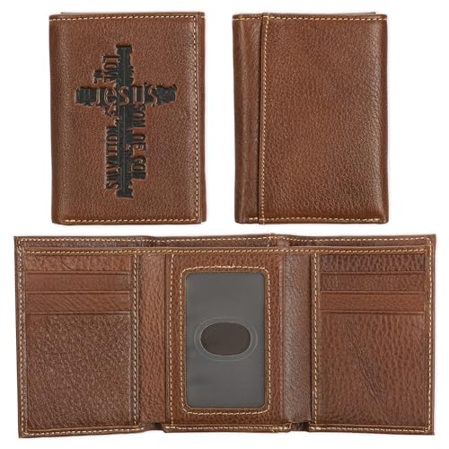 Christian Art Gifts Genuine Leather Wallet for Men RIFD Blocking Multi-purpose Slots Single-section Billfold Card Holders Quality Classic Brown Leather Trifold Wallet for Men - Names of Jesus Cross