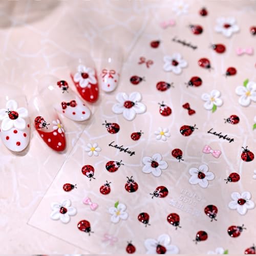 Image of Ladybug Nail Stickers for Nail Art Spring Floral Nail Decals Self Adhesive Design DIY Manicure Charms Supply Decoration Accessories for Women