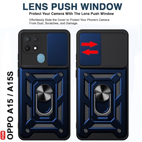 Image of AESTMO Tough Armor Oppo A15 / A15s Bumper Back Case Cover | Ring Holder & Sliding Camera Shield Cover | 360 Degree Protection Back Case Cover for Oppo A15 / A15s (Blue)