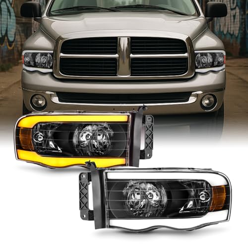 AKKON - Fits 2002-2005 Dodge Ram 1500/2500/3500 Black Headlight Pair w/LED Greeting Lamp Switchback DRL Sequential Signal