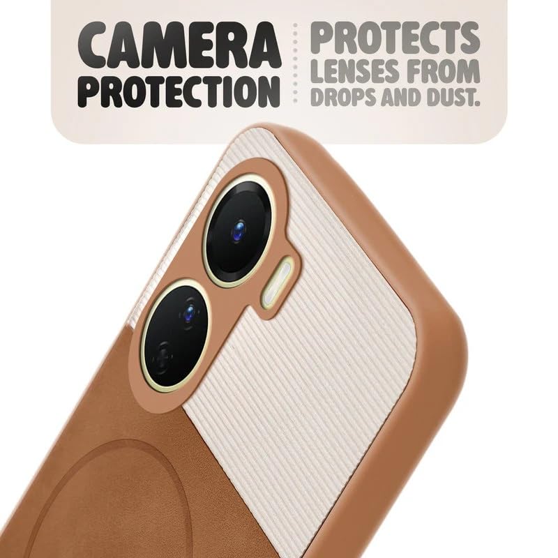 Image of Bintage case Dual-Leather Macc-Safe Design Phone Case| Soft Touch Finish | Full Camera Protectection Back Cover Compatible for Vivo V2312 / T2X 5G / Y56 5G - White & Nut Brown