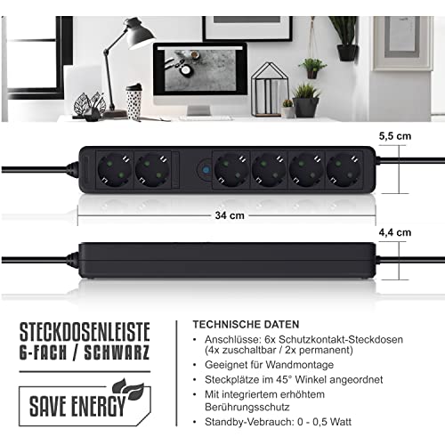 6-fach Steckdosenleiste Arendo CSL mit Fußschalter und Wandmontage