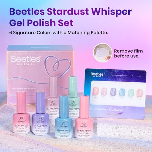 Image of Beetles Stardust Whisper Cat Eye Gel Polish Set - 6 Colors 15ML Full Size Spring Gel Polish Kit Glitter Cat Eye Pink Blue Purple Red Green Velvet Gel Magnet Soak Off UV French Nail Art Manicure Gifts