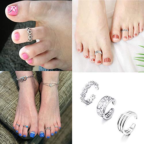 MILACOLATO 3Pcs 925 Sterling Silver Toe Rings for Women 18K White Gold Plated Daisy Cubic Zirconia Cuff Band Open Toe Rings Adjustable Toe Rings Summer Beach Foot Jewelry3