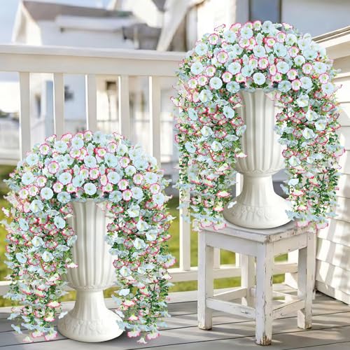 Julako Artificial Hanging Flowers for Outdoors, 4 PCS 600 Blooms UV Resistant Morning Glory Faux Silk Vines, No-Odor Realistic Fake Plants for Garden Planter Porch Patio Decoration, Blue & White
