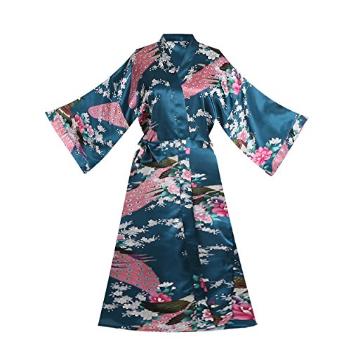 ELLENWELL Women's Kimono Robe Peacock & Blossoms Satin Nightwear(Small,Teal)