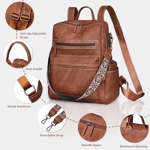 Image of Backpack Purse for Women Pu Leather Travel Backpack Fashion Designer Shoulder Bag Ladies Convertible Handbags (Caramel Brown)