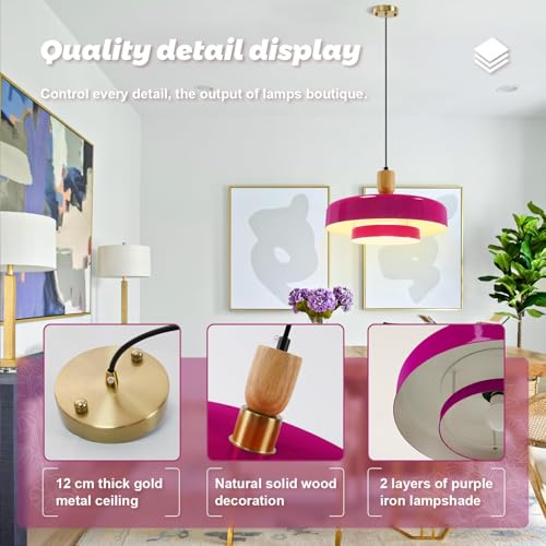 Image of Natural Wood Pendant Light Kitchen Island, 13.8 inch Purple Pendant Light Fixtures, 2 Packs Rustic Ceiling Lights, Industrial Adjustable Hanging Lamp with E26 Base for Bedroom Living Room
