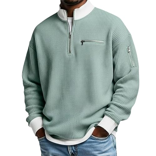 2026 Men's Casual Fashion up Collar Contrasting Zipper Sweatshirt, Men's Daily Loose and Simple Half-Zip Pullover(Light Green,3X