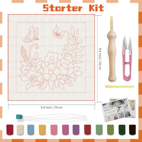 Image of BEUNITONE 2 Sets Flower Punch Needle Kits Butterfly Beginner Punch Embroidery Kits with Frame Embroidery Starter Kits Punch Stitching Kit with Instruction for Wall Hanging Painting 9.4'' x 9.4''