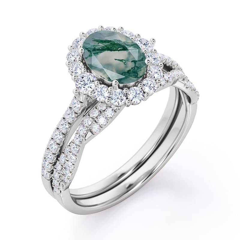 Aihpos Natural Moss Agate Ring Set for Women - 1.0 Carat Oval Cut Women's Moss Agate Bridal Rings Sets Green Agate Engagement Ring Set 10K 14K 18K Gold Handmade Moss Agate Ring Set3
