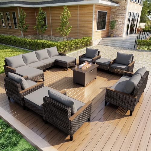 15 Pieces Patio Conversation Sets, Outdoor Furniture Set with Fire Pit Table, Wicker Rattan Sectional Modular Seating Set Includes 2 Three Seater Sofa & 4 Single Armchairs & 4 Ottomans (Gray Cushions)