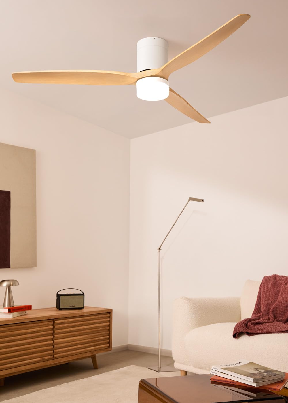 CREATE / WINDCALM L/Ventilateur plafond ABS blanc pales bois clair contrôleur et télécommande / Ø152 cm, 3 températures, fonction été-hiver