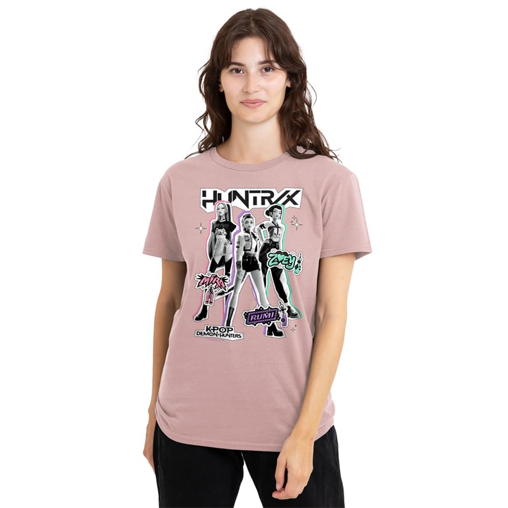 Kpop Demon Hunters Huntrix Scrapbook Poses Ladies T Shirt, Pink, Medium