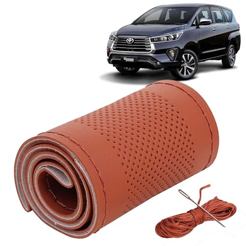 Image of KINGSWAY PU Leatherite Car Steering Cover Sewable Compatible with Toyota Innova Crysta (Year 2021 Onwards), Tan Color with Tan Thread, Pack of 1 with Sewing Needle and Thread