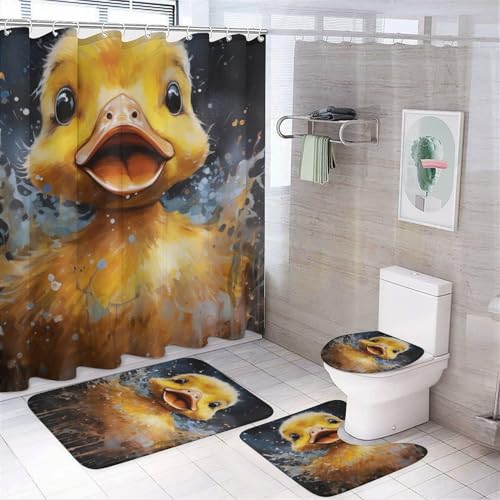 Country Duck Shower Curtain Sets for Bathroom, 4 Pieces Watercolor Yellow Cartoon Cute Animal Bathroom Decor Set Waterproof Shower Curtains with 12 Hooks Toilet Lid Rug and Bath Mat