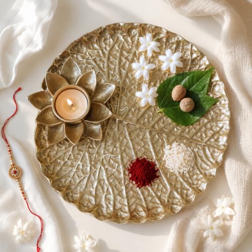 Image of BEHOMA Golden Metal Lotus Pooja Thali with Tea-Light Holder, 25.5cm | Golden lotus-design metal tray with tea-light holder; perfect pooja thali for weddings, haldi & mehndi.