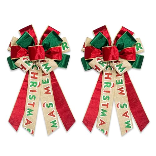 Estivaux 2 Pieces Christmas Bows for Wreath, Merry Christmas Wreath Bows Red Green Velvet Bow Winter Holiday Craft Ribbon Bow Xmas Tree Topper Bows for Front Door Christmas New Year Decorations