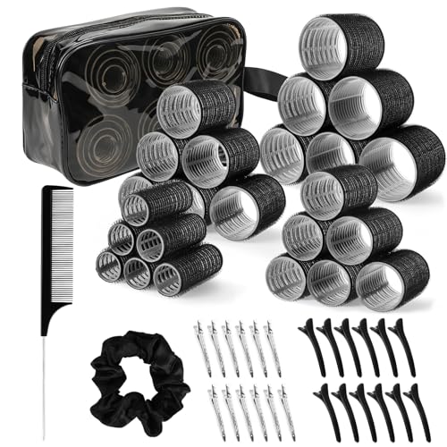 Neceser 6 en 1 para mujer, incluye 6 rulos negros, 12 pinzas de metal, 12 pinzas de plástico negras, 1 peine de cerdas de acero, 1 goma para el pelo, bolsa de maquillaje repelente al agua