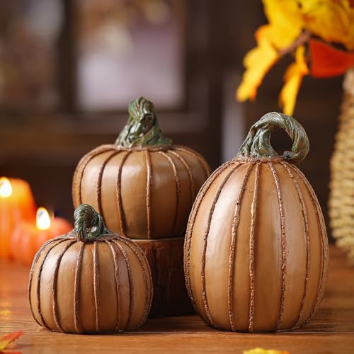 Vicenpal 3 Pcs Resin Pumpkin for Decorating Rustic Fall Brown
