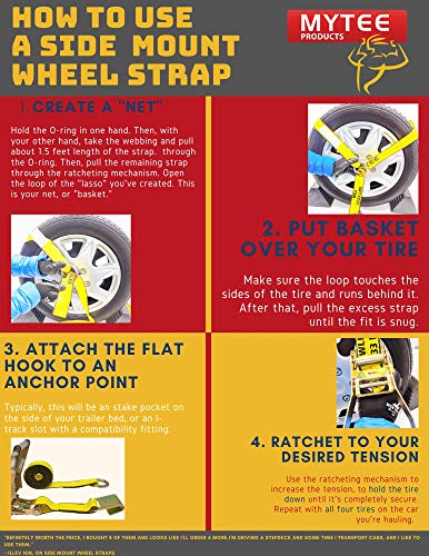 Mytee Products (4 Pack) 2" X 10' Car Tie Down Lasso Ratchet Strap With Flat Hook - Tire Straps For Car Trailer - Wheel Straps For Hauling Cars #TOP2