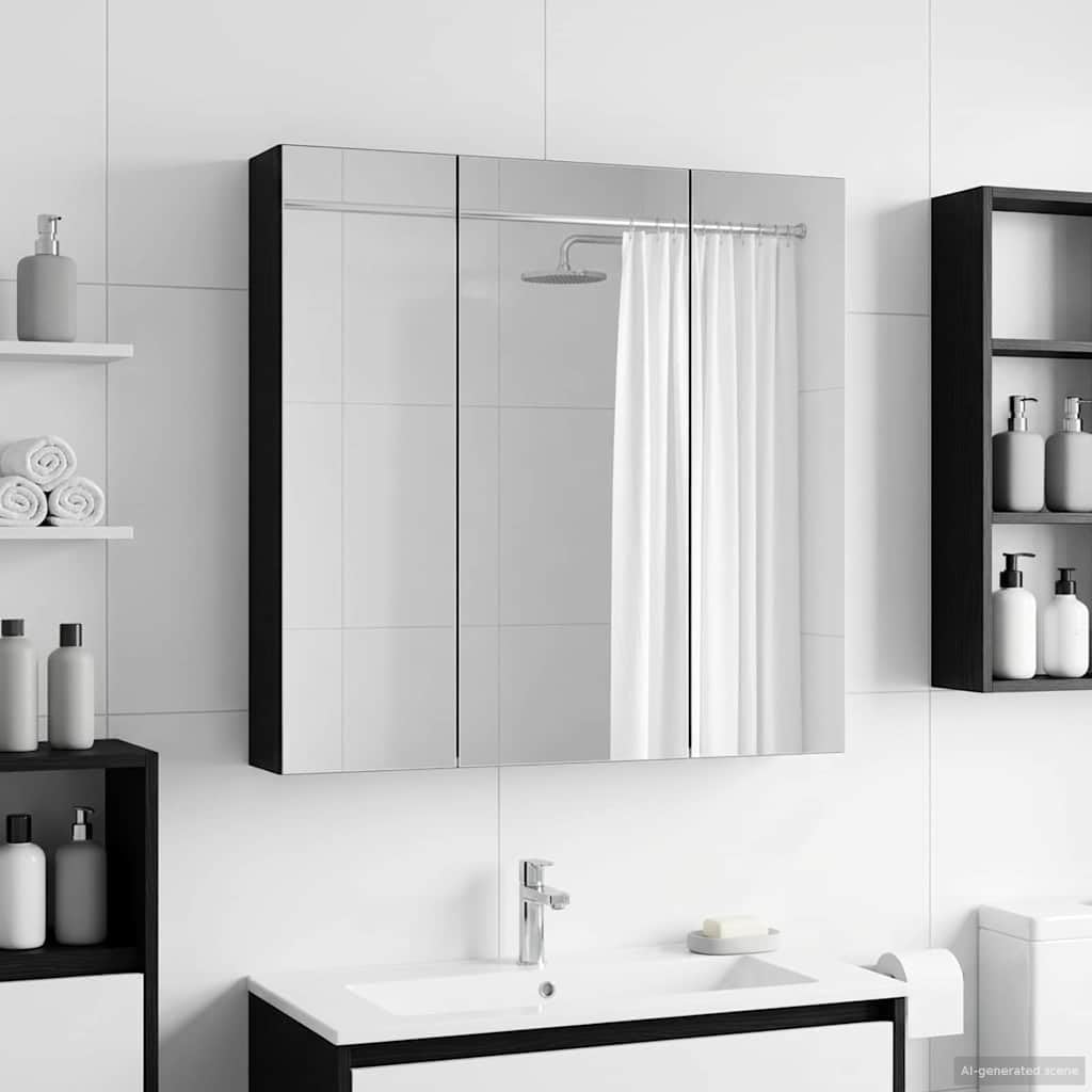 Szafka łazienkowa z lustrem w kolorze czarnym o wyglądzie dębu z dwustronnym lustrem 70 x 14,5 x 70 cm, montaż na ścianie, schowek z regałem, idealna na umywalkę