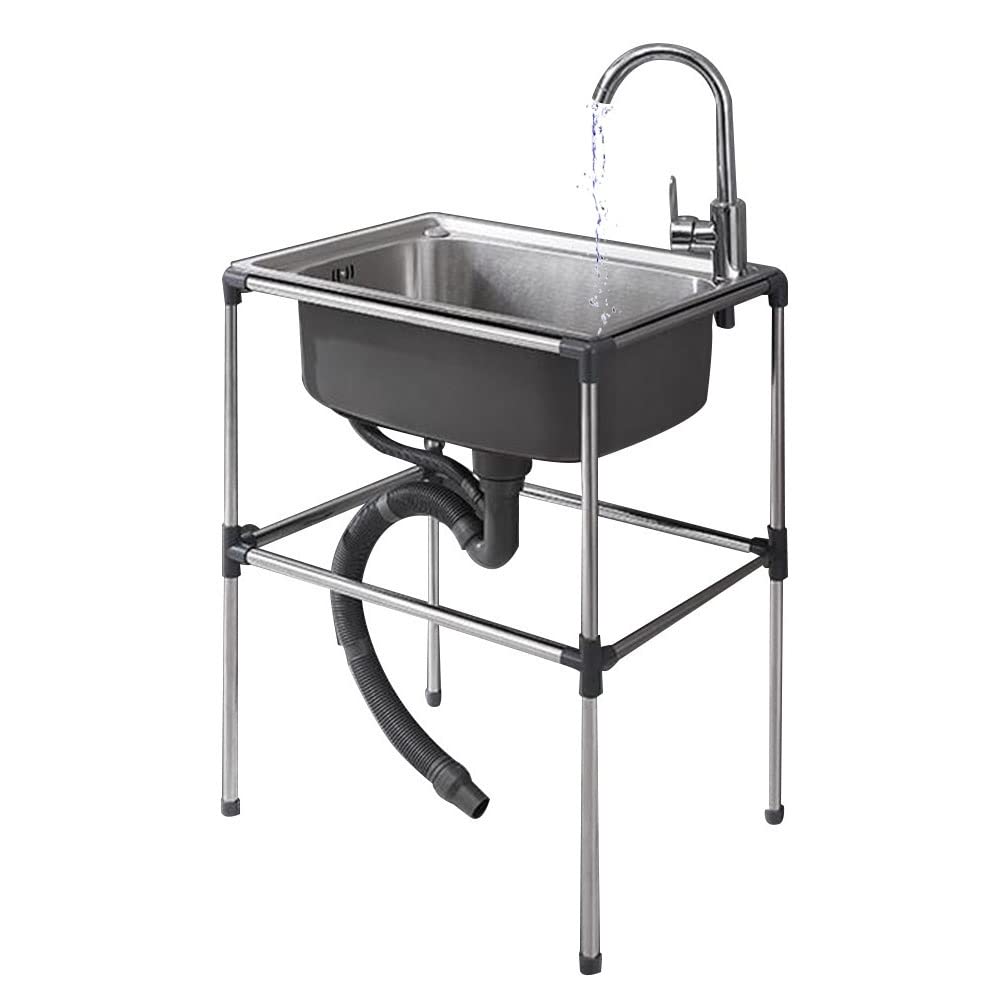 Lavello in acciaio inox con supporto, lavello da cucina autoportante con lavabo, lavello per casa, lavanderia, garage, bar, ristorante e altro, argento-a-a-48 x 35 x 15 cm
