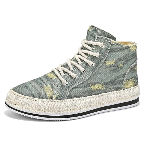 Exusiai Men High-Top Distressed Denim Skate Shoes Breathable Cloth Non-Slip Outdoor Casual Shoes Good Grip, Lace-Up Closure, Round Toe
